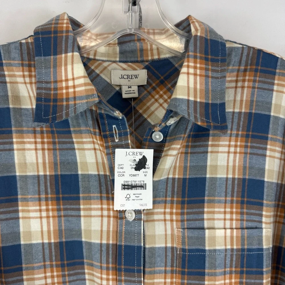 J.Crew Plaid Button Down Shirt Medium Blue Tan‎ Flannel Long Sleeve NWT